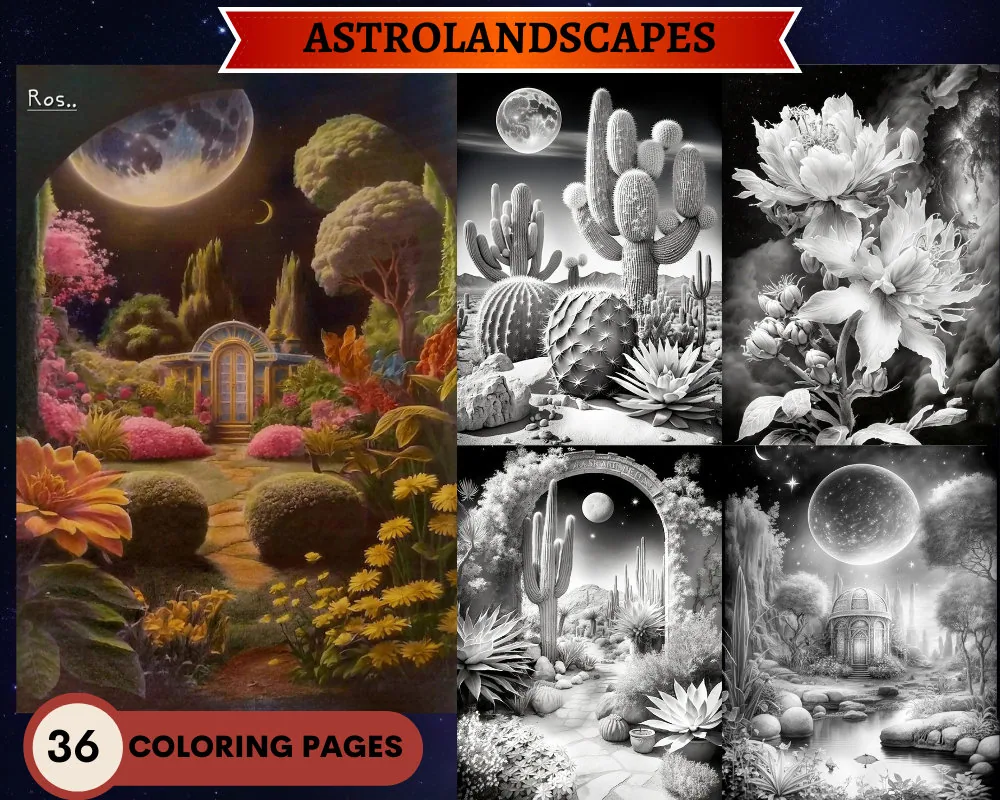 Astrolandscapes Grayscale Coloring Pages
