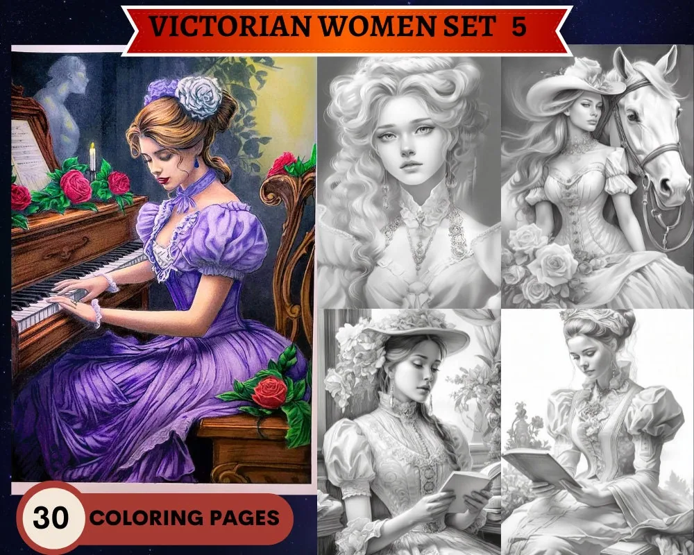 Beautiful Victorian Women and Girls Set 5 Grayscale Coloring Pages