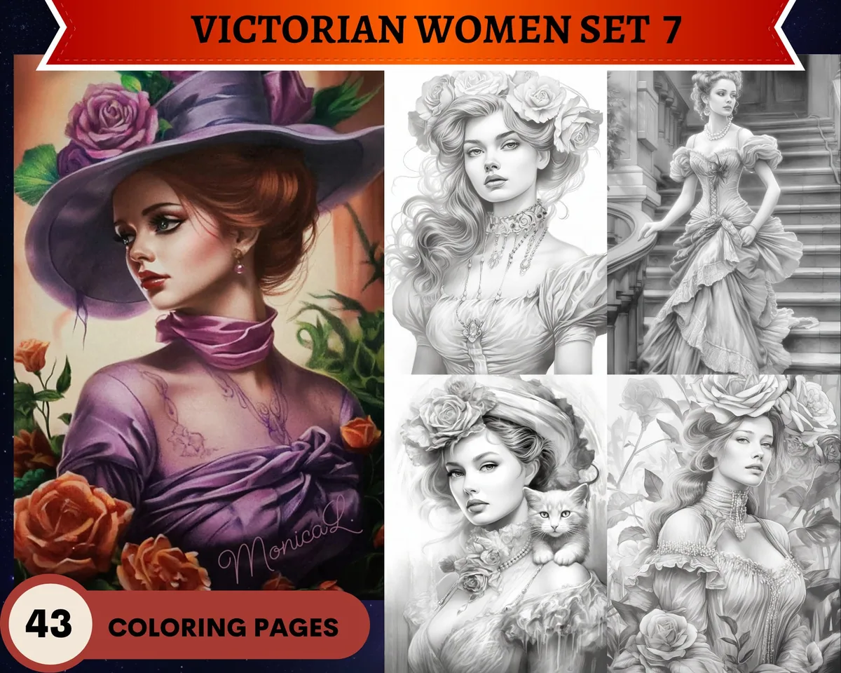 Beautiful Victorian Women Set 7 Grayscale Coloring Pages