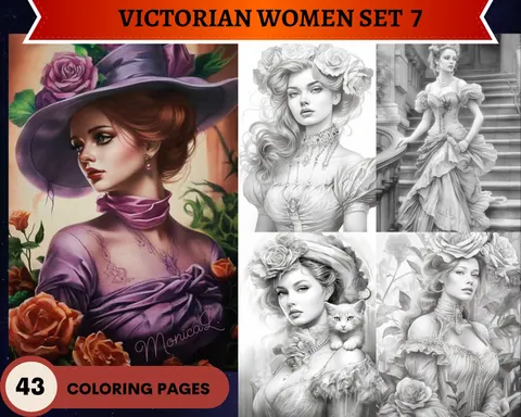 Beautiful Victorian Women Set 7 grayscale coloring pages