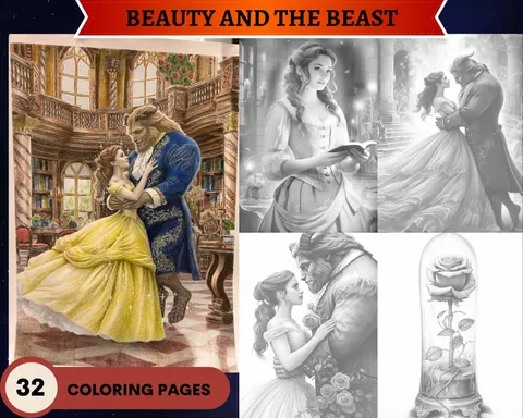 Beauty and the Beast grayscale coloring pages