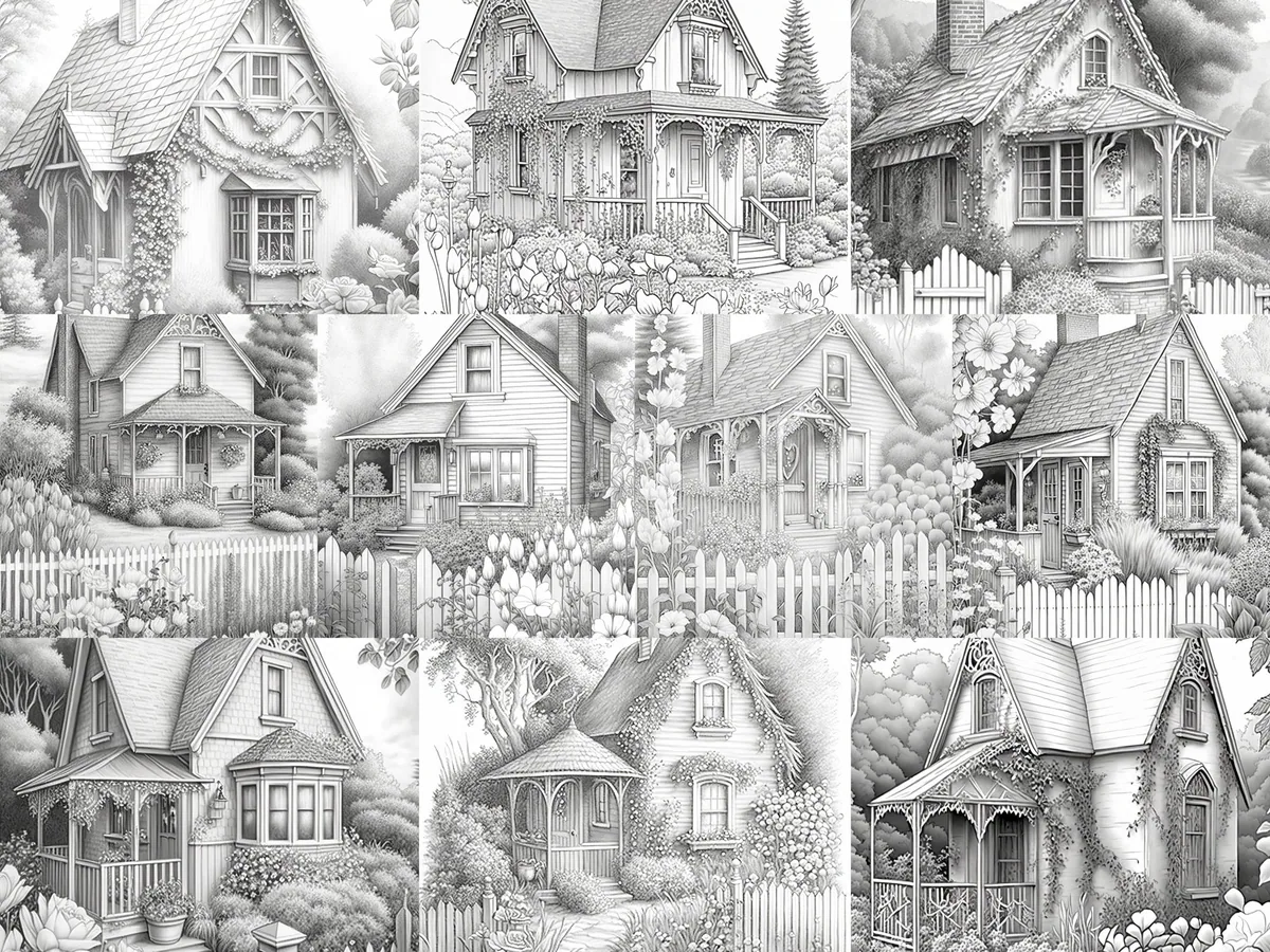 Cottage Gardens Set 1 Grayscale Coloring Pages