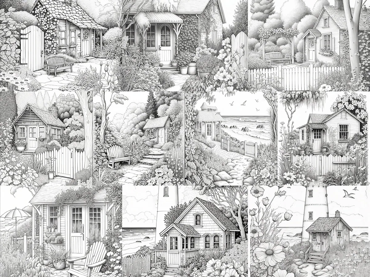 Cottage Gardens Set 2 Grayscale Coloring Pages