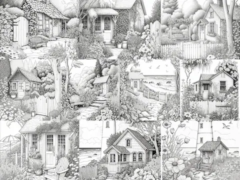 Cottage Gardens Set 2 grayscale coloring pages