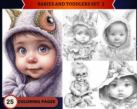 Cute Babies and Toddlers Set 1 grayscale coloring pages