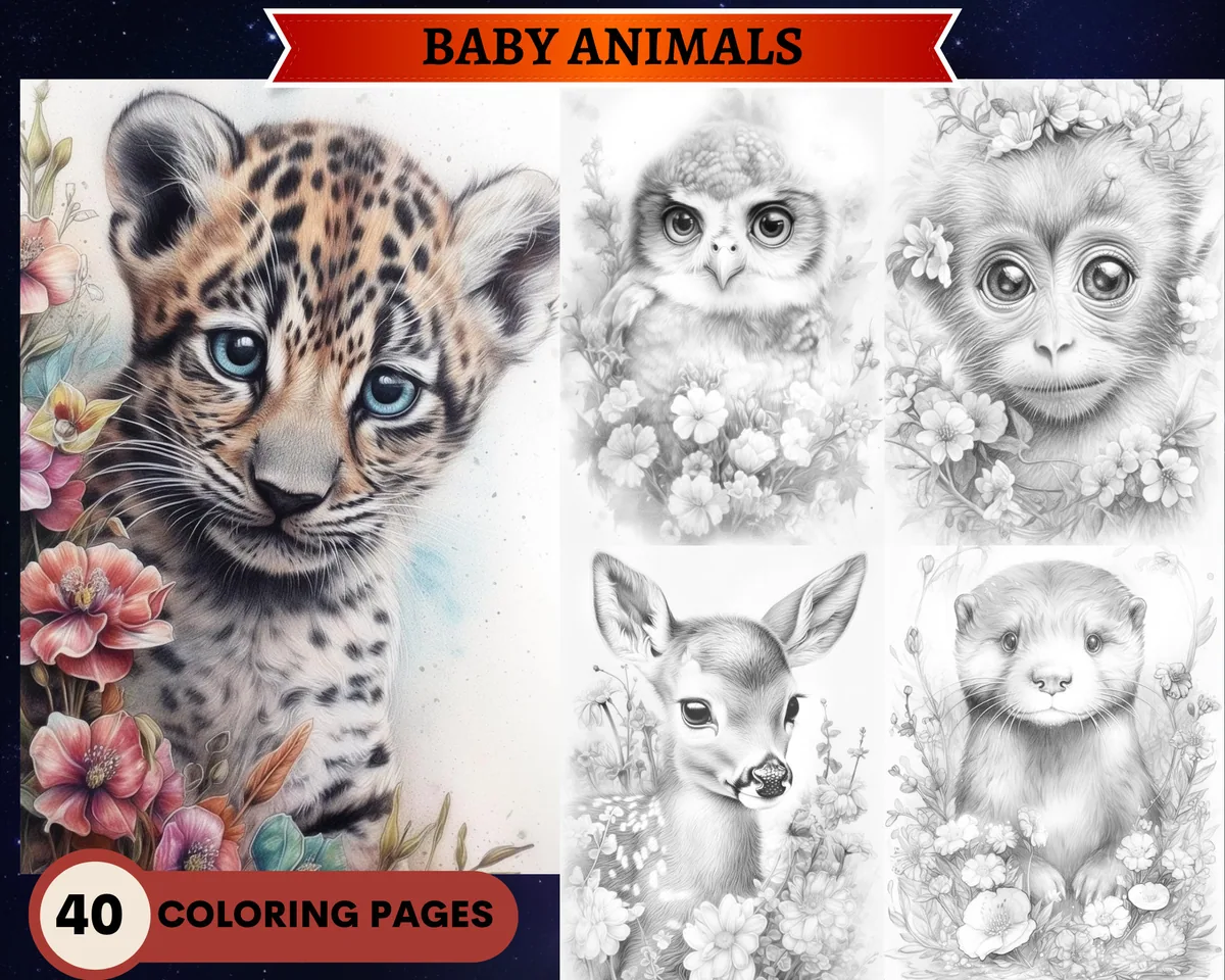 Cute Baby Animals Grayscale Coloring Pages