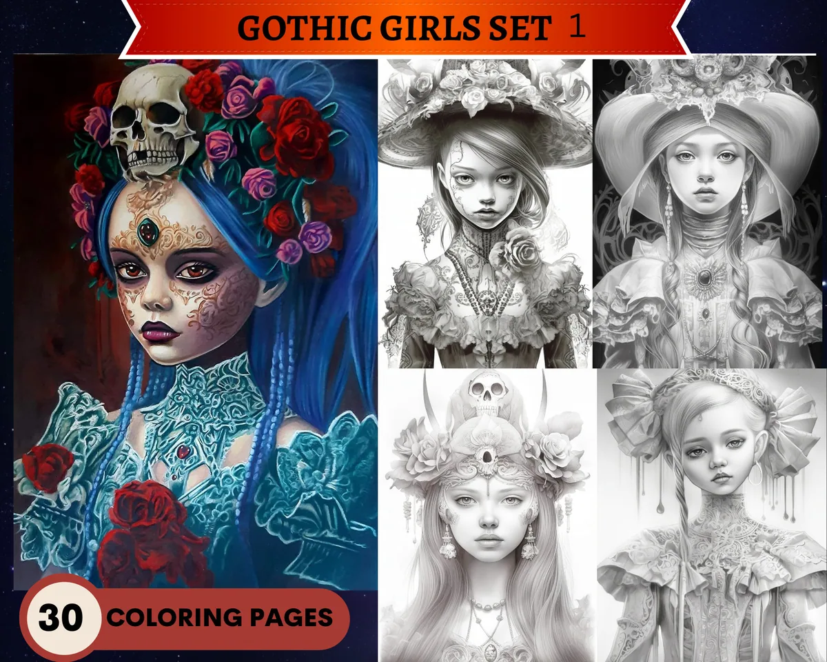 Gothic Girls Set 1 Grayscale Coloring Pages