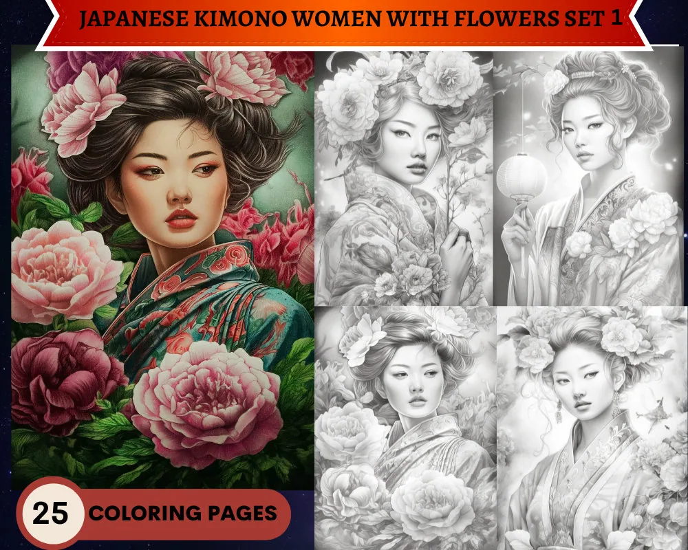 Japanese Kimono Women with Flowers Set 1 Grayscale Coloring Pages