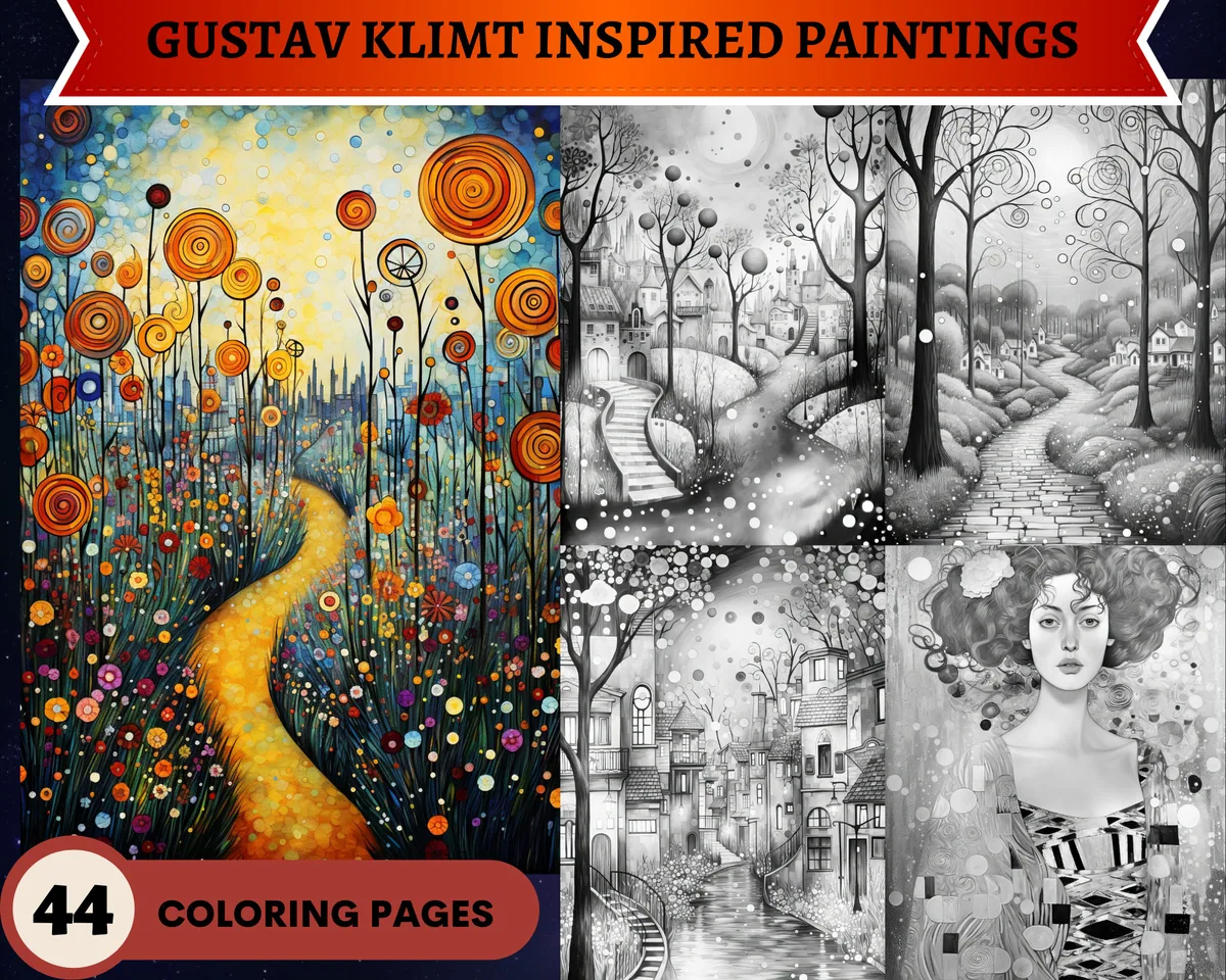 Klimt Inspired Paintings Grayscale Coloring Pages