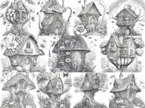 Land Fairy Houses Set 2 Grayscale Coloring Pages