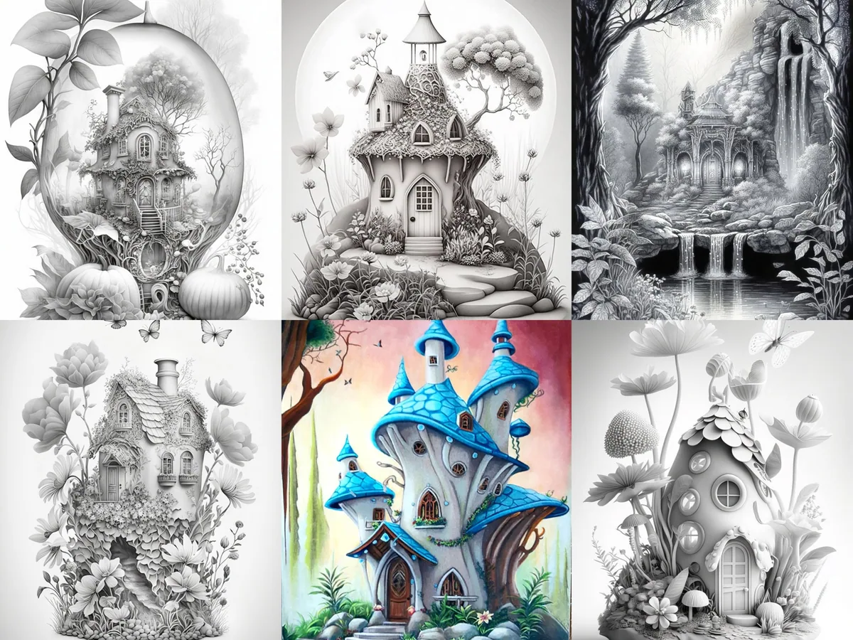 Land Fairy Houses Set 3 Grayscale Coloring Pages