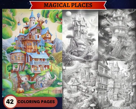 Magical Places Set 1 grayscale coloring pages