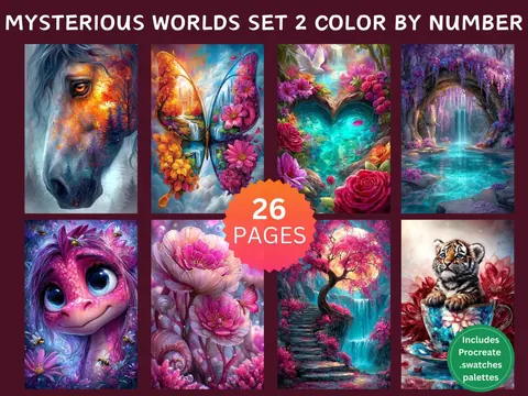 Mysterious Worlds Set 2 color by number pages