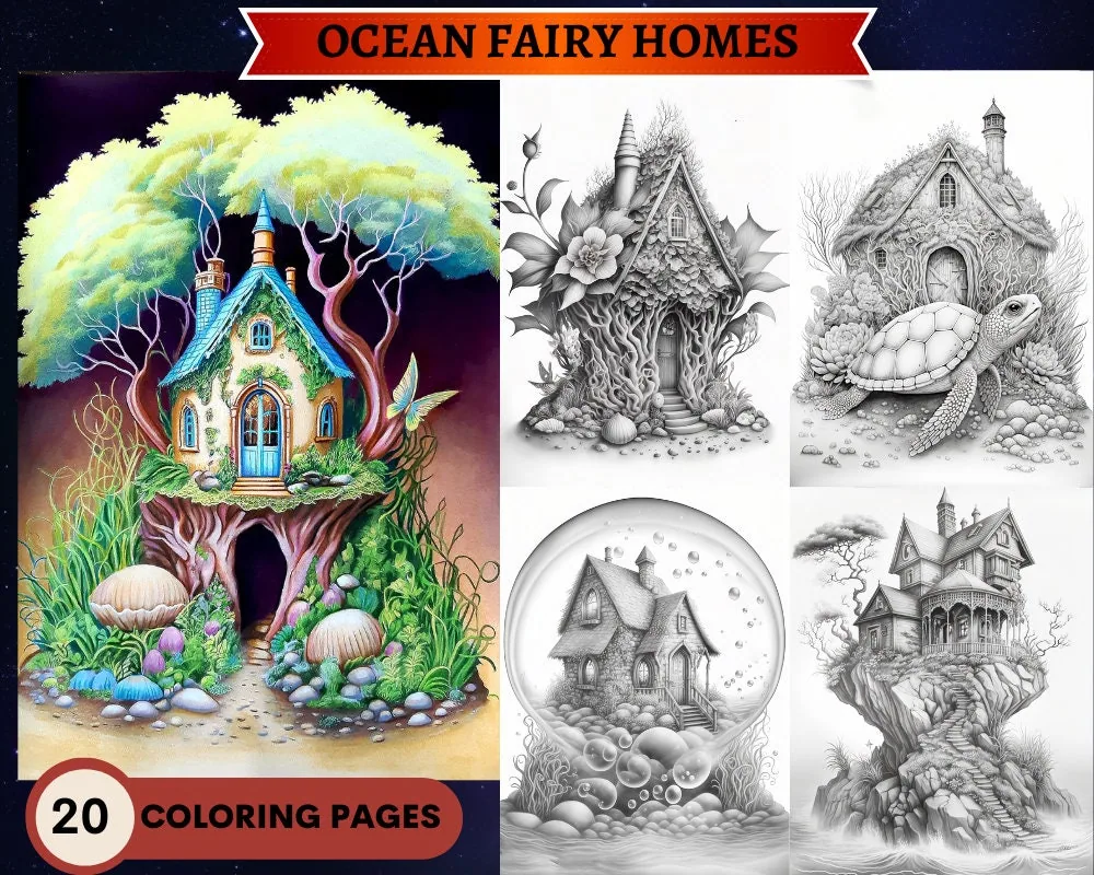 Ocean Fairy Houses Set 1 Grayscale Coloring Pages