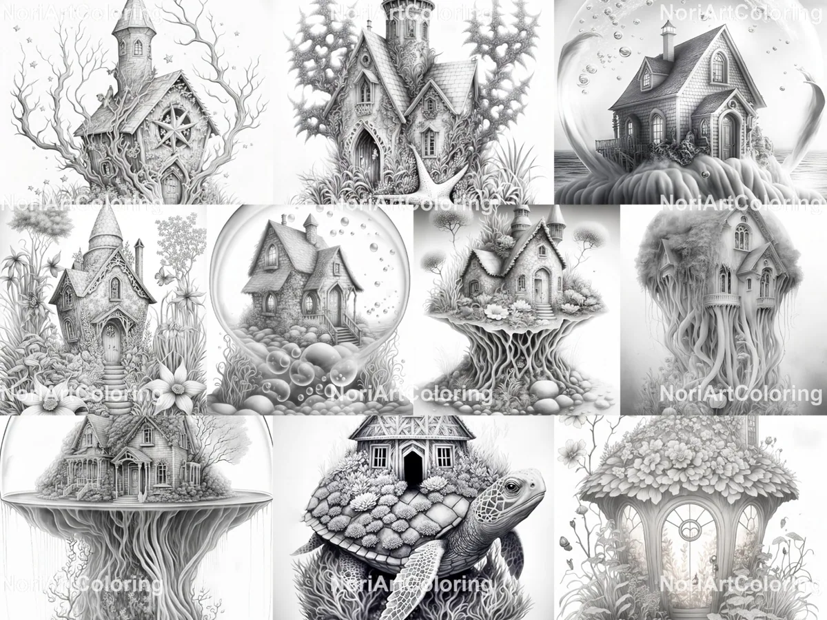 Ocean Fairy Houses Set 2 Grayscale Coloring Pages