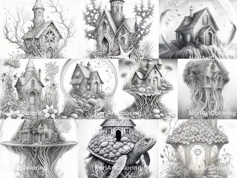 Ocean Fairy Houses Set 2 grayscale coloring pages