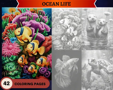 Ocean Life grayscale coloring pages