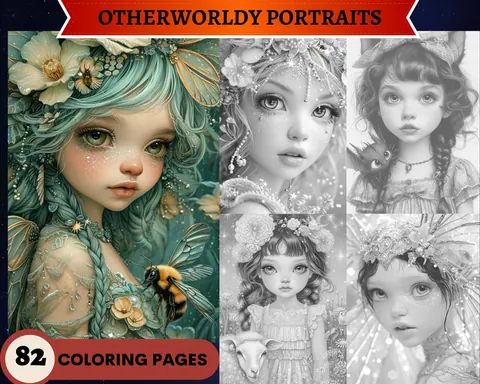 Otherworldly Portraits grayscale coloring pages