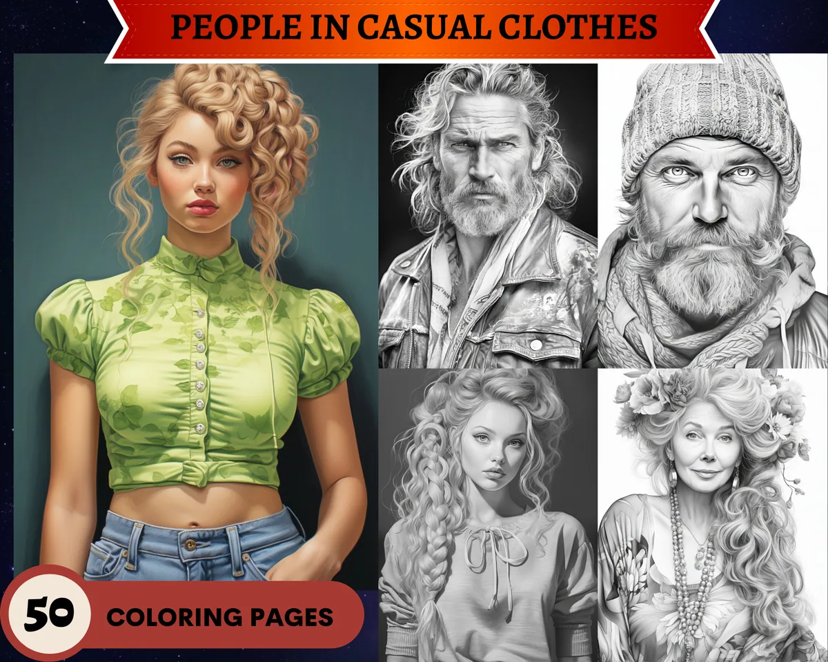 People in Casual Clothes Portraits Grayscale Coloring Pages