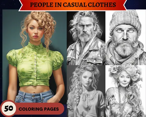 People in Casual Clothes Portraits grayscale coloring pages