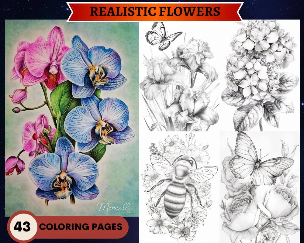 Realistic Flowers Grayscale Coloring Pages