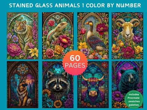 Stained Glass Animals Set 1 color by number pages