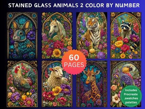 Stained Glass Animals Set 2 color by number pages