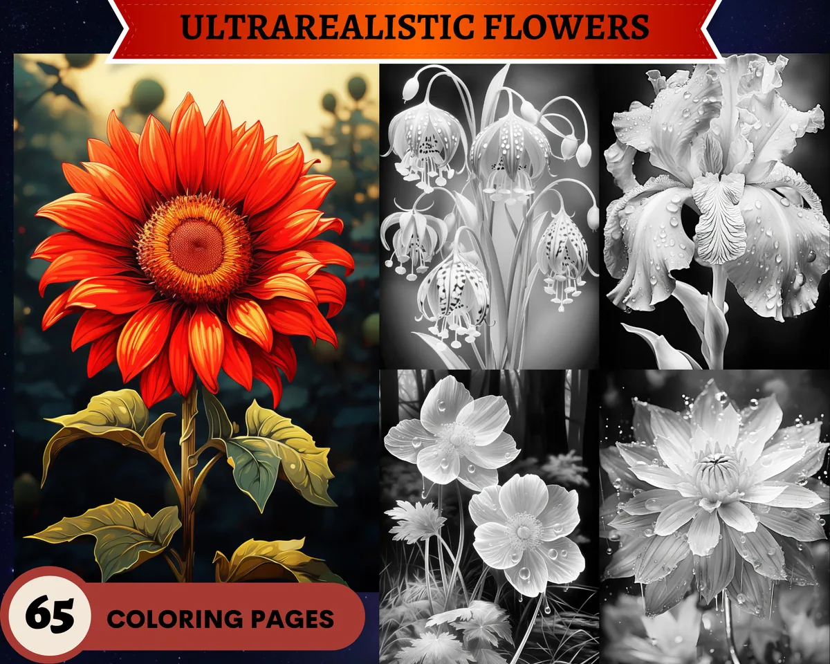 Ultrarealistic Flowers Grayscale Coloring Pages