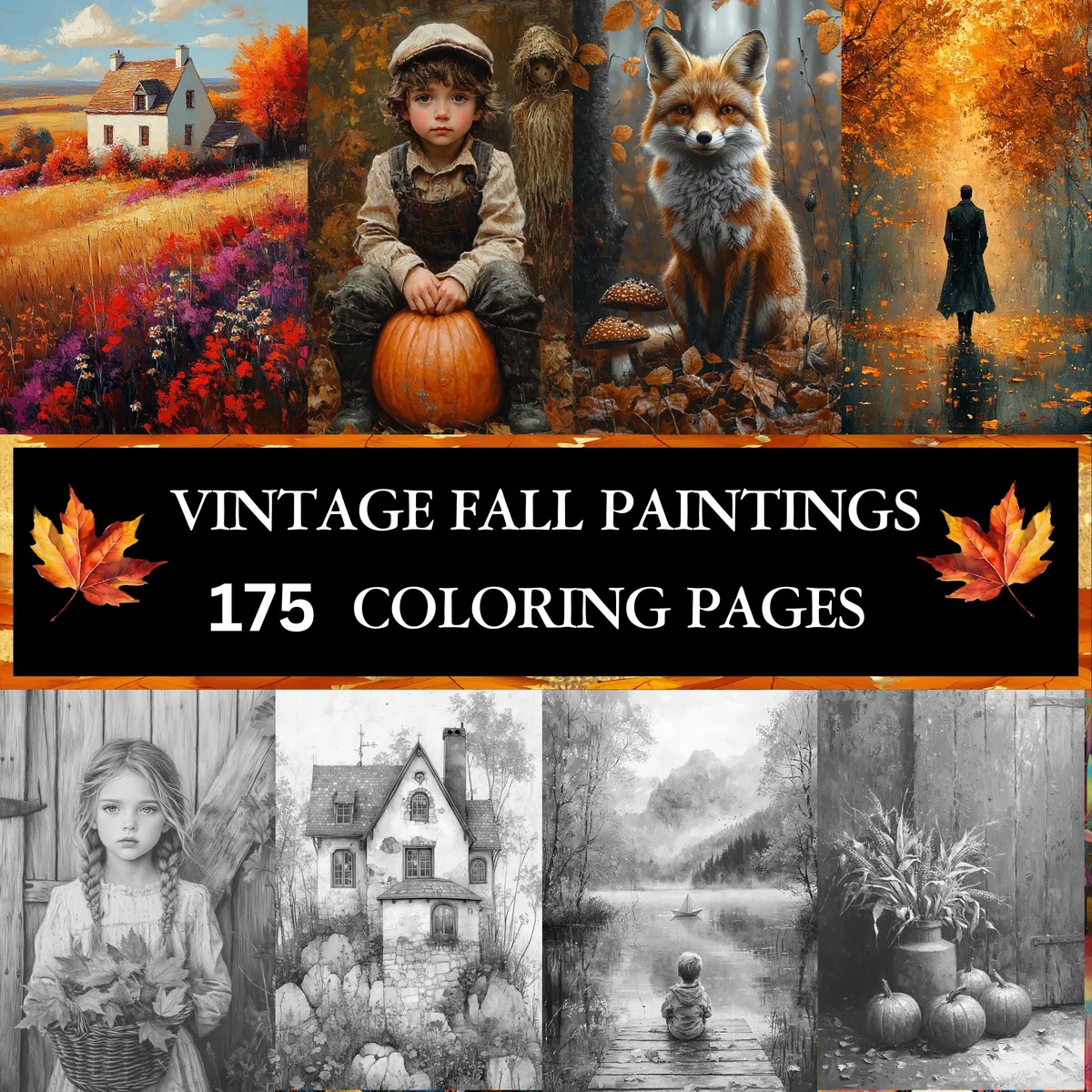 Vintage Fall Paintings Grayscale Coloring Pages