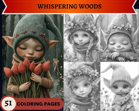 Whispering Woods: Elves and Enchanted Beings grayscale coloring pages
